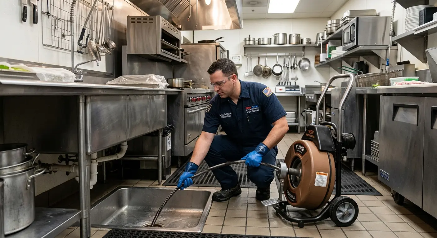 Commercial drain cleaning service in a restaurant kitchen in Floral Park