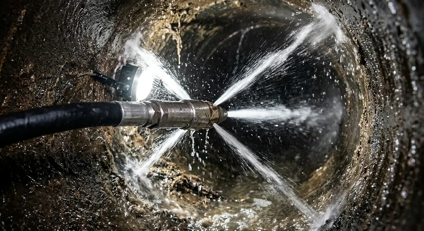 High-pressure hydro jetting nozzle cleaning sewer pipe for Sewer Cleanout in Floral Park