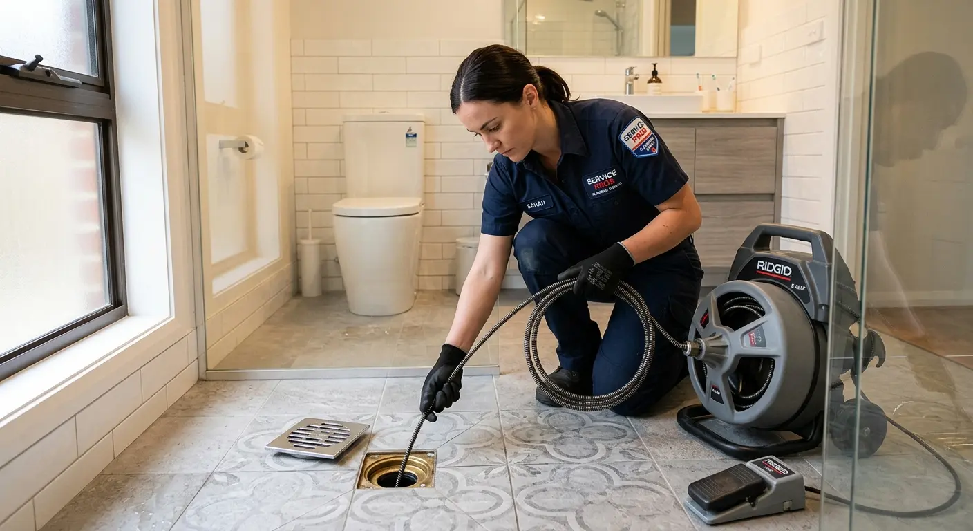 Technician clearing a bathroom floor drain for Clogged Drain Repair in Floral Park